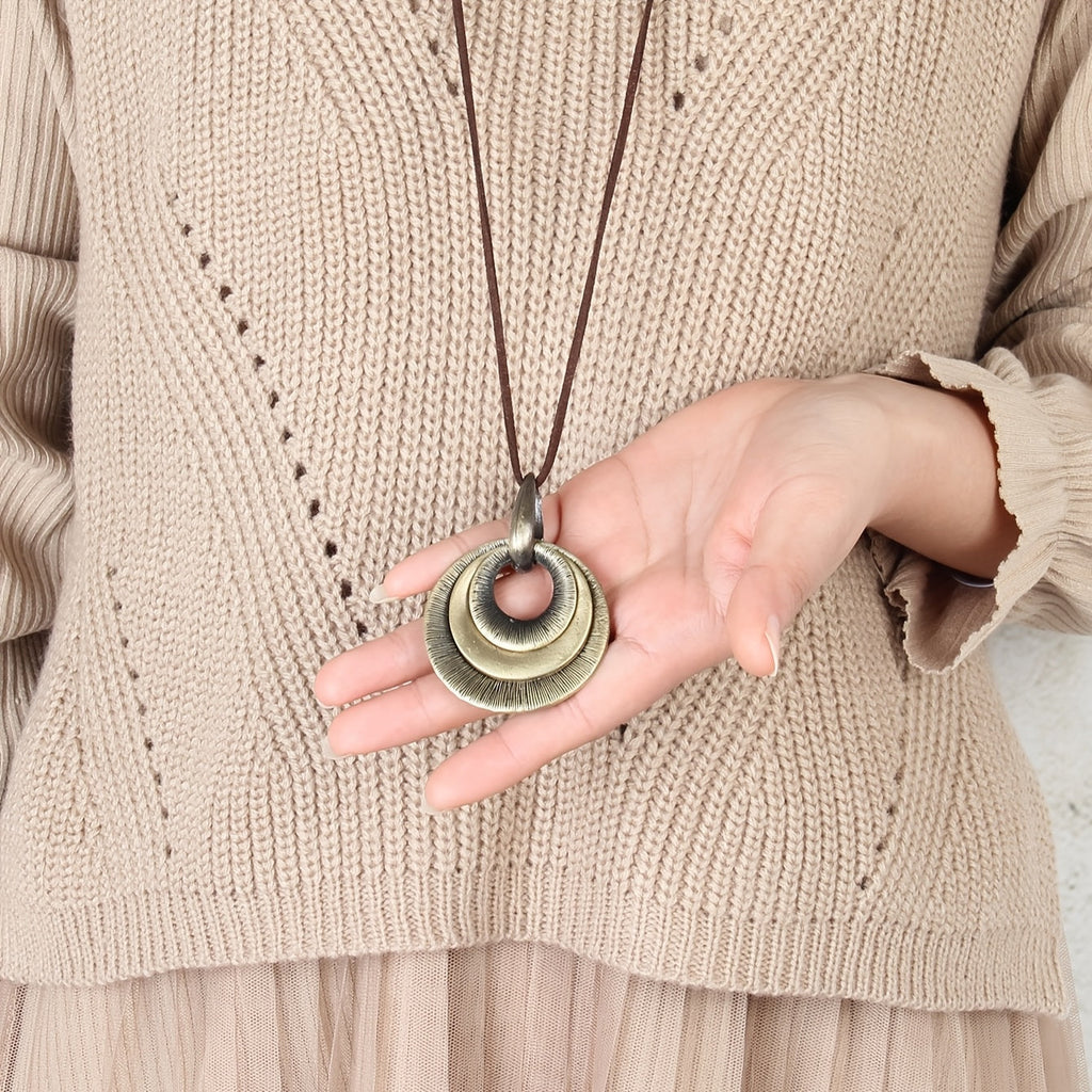 Vintage Layered Disc Long Pendant Necklace with Relaxed Drape