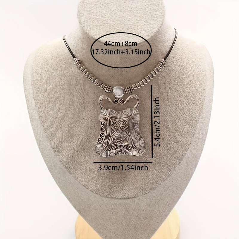 Antique-Style Geometric Tribal Pendant Necklace in Silver Colour