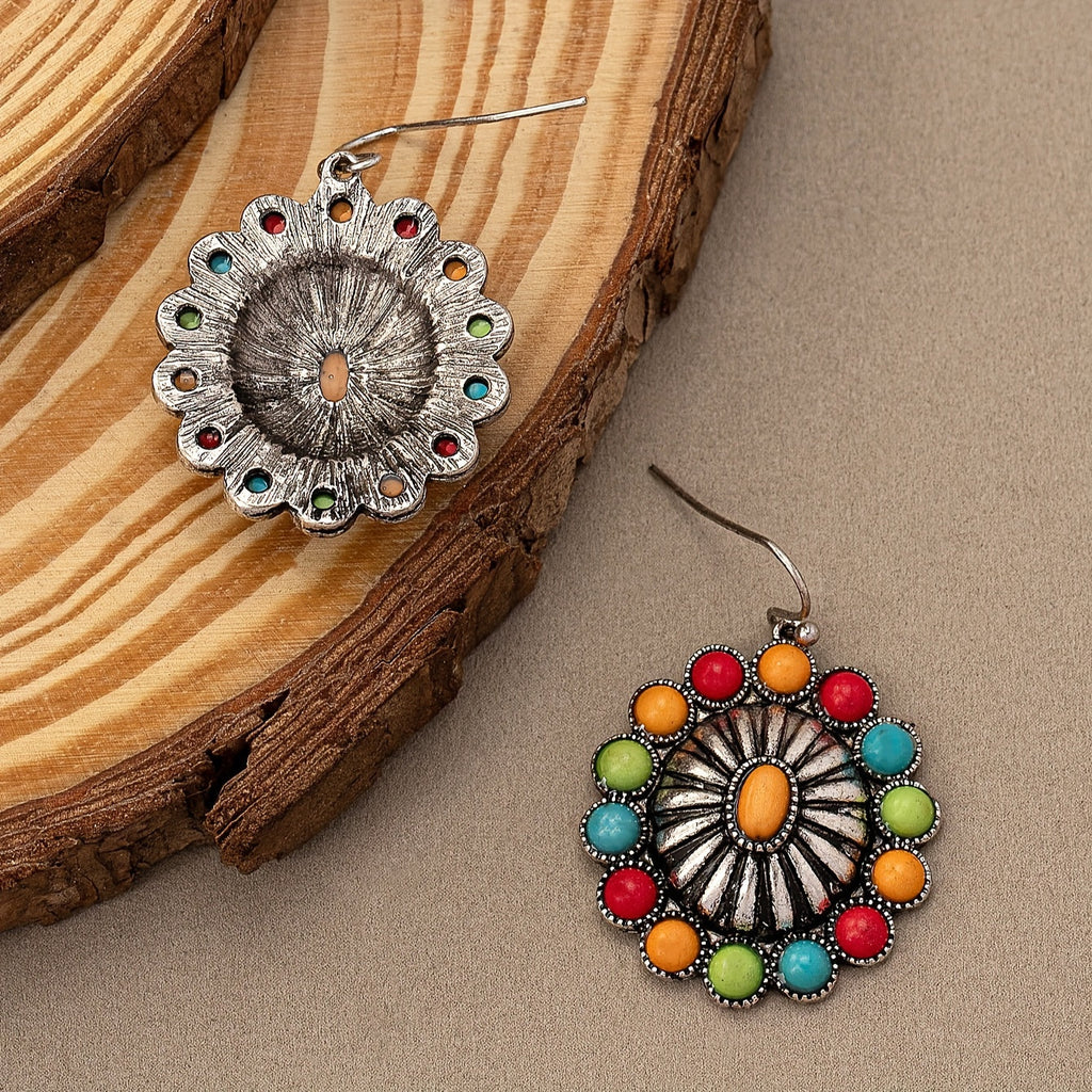 Vintage Sunburst Multi-Stone Statement Earrings with Bold Colour