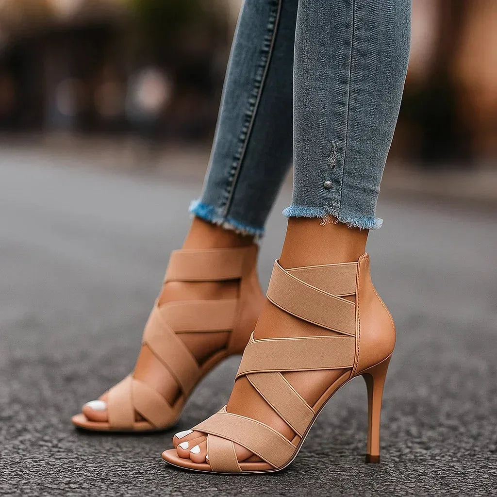 Open Toe Heels with Stretch Crossover Straps