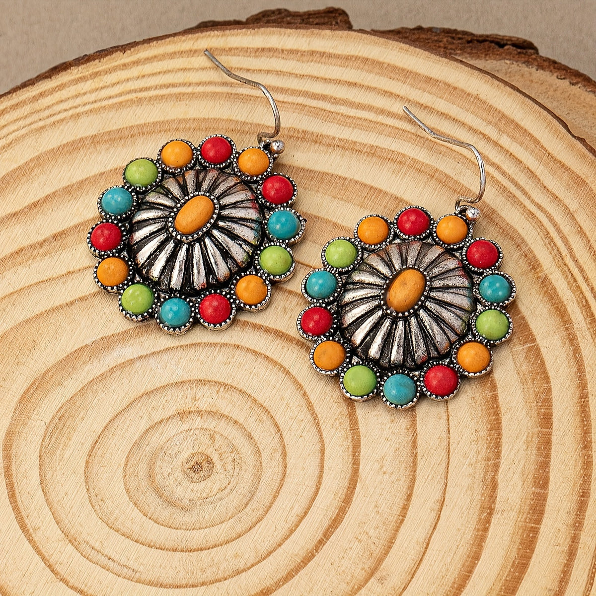 Vintage Sunburst Multi-Stone Statement Earrings with Bold Colour