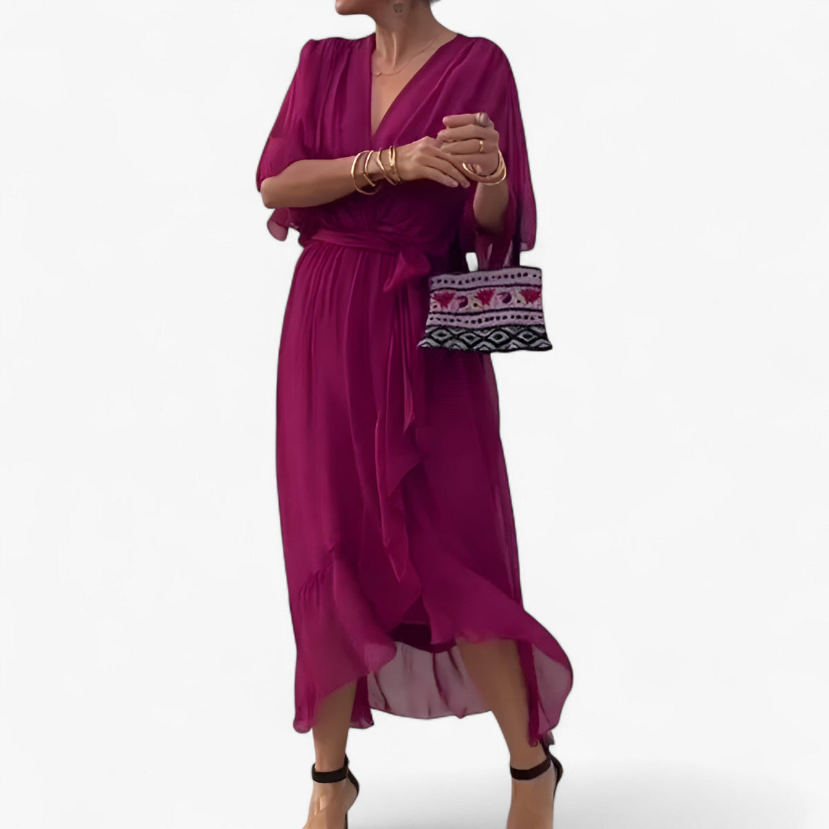 Flowing V-Neck Chiffon Dress for Evenings and Weddings