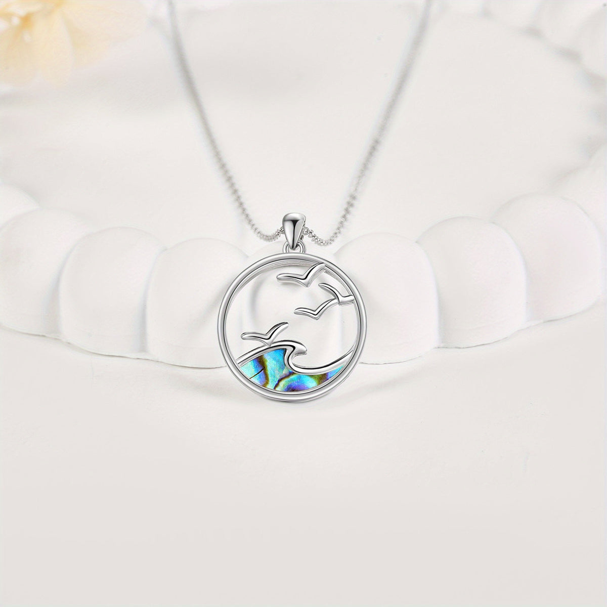 Seagull and Wave Pendant Necklace with Coastal Scene