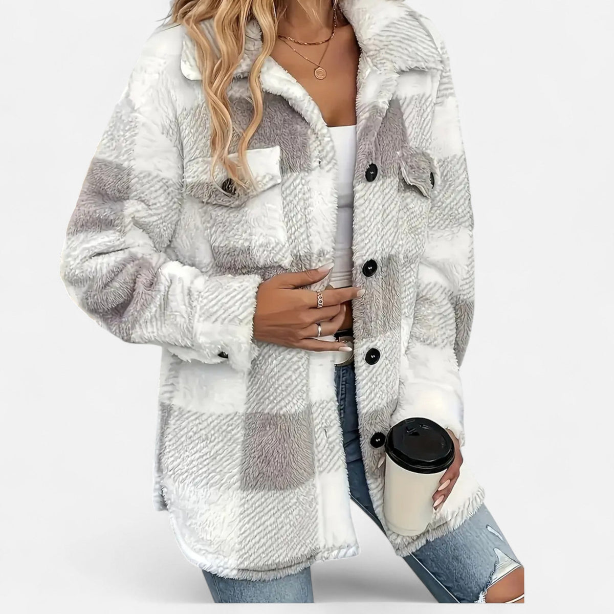 Checked Sherpa Jacket with Button Front and Oversized Fit