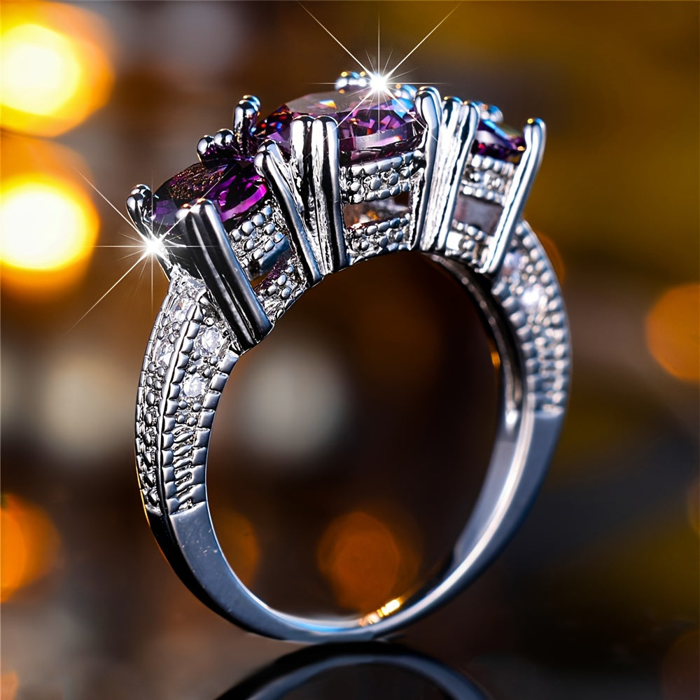 Vintage-Style Three-Stone Ring with Round Purple Zirconia
