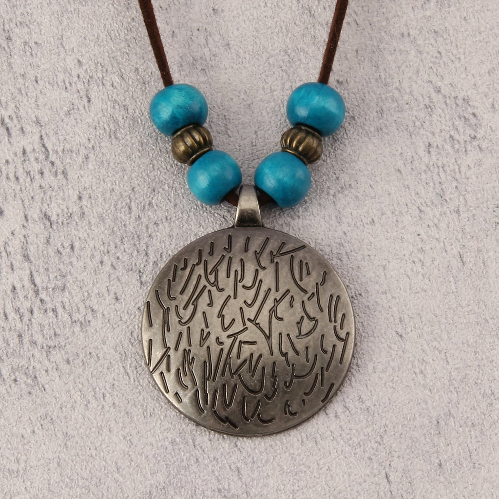 Vintage Zodiac Wooden Bead Pendant Necklace with Natural Texture