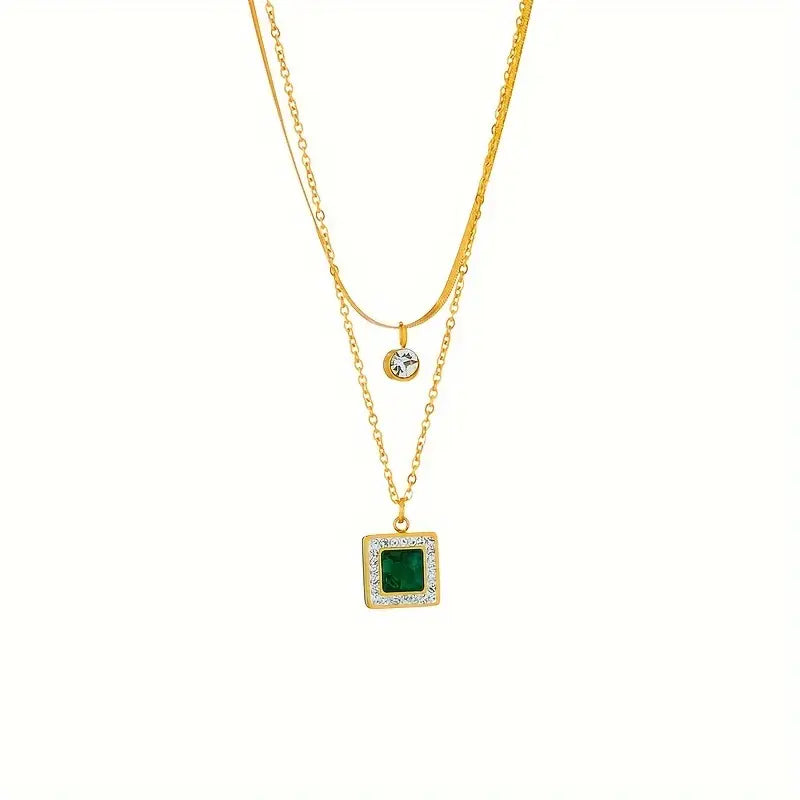 Double-Layer Necklace with Green Square Pendant and Fine Chains