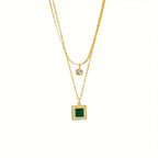 Double-Layer Necklace with Green Square Pendant and Fine Chains