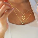 Retro Geometric V-Pendant Necklace in Gold Colour with Sharp Lines