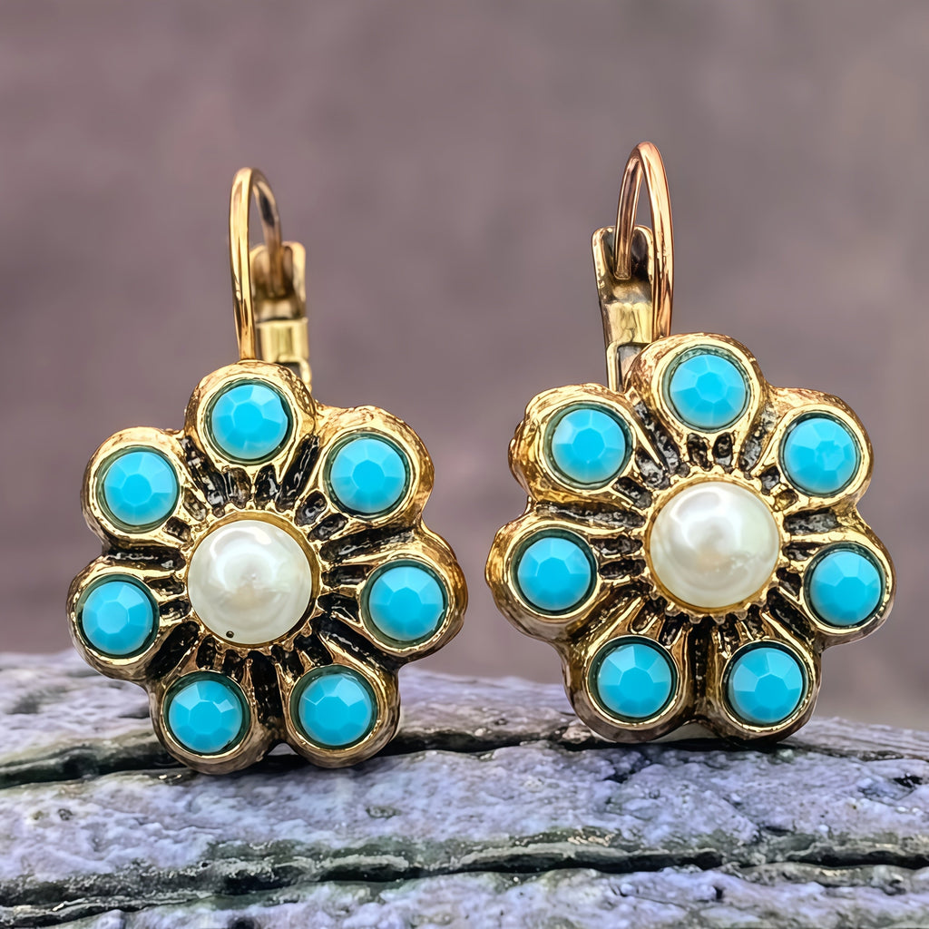 Blue-Green Stone and Faux Pearl Flower Earrings in Gold Colour