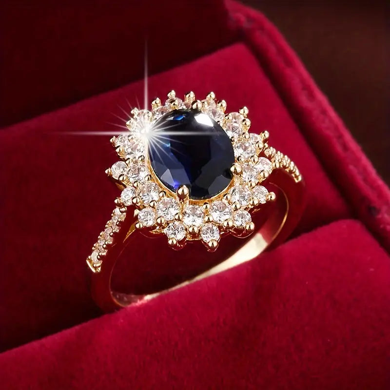 Blue Stone Cocktail Ring with Crystal Halo Setting