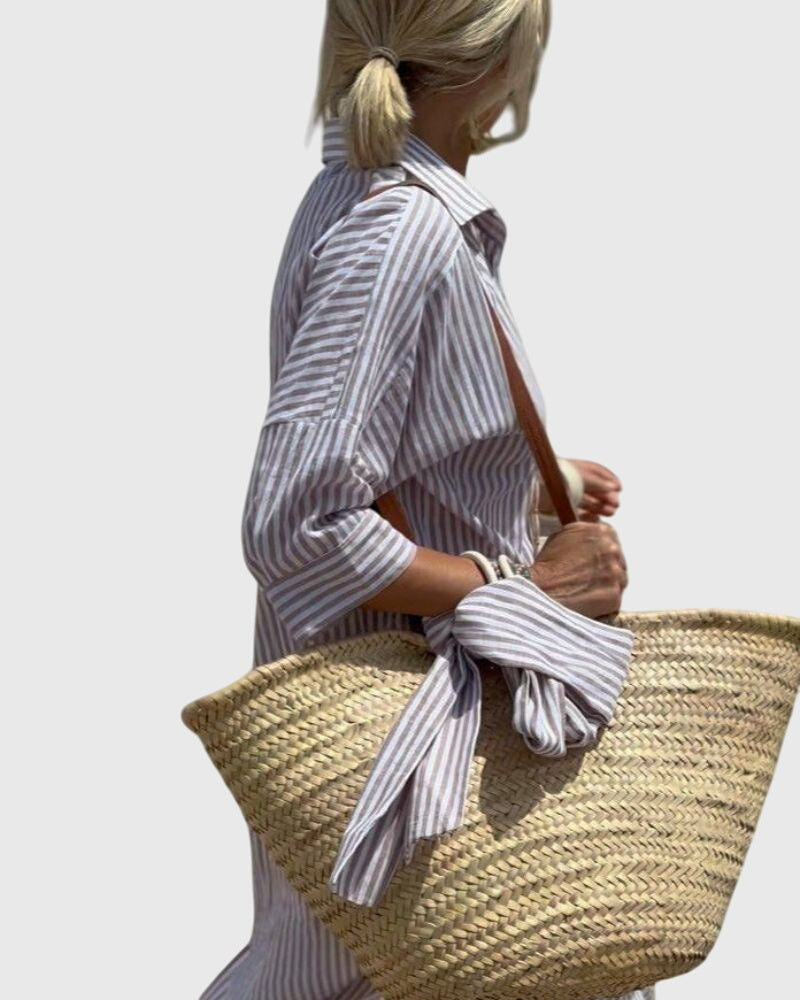 Striped Dress with Flowing Cut and Pockets