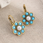 Blue-Green Stone and Faux Pearl Flower Earrings in Gold Colour