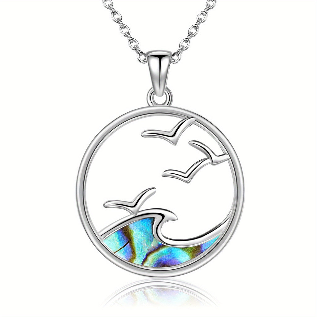 Seagull and Wave Pendant Necklace with Coastal Scene