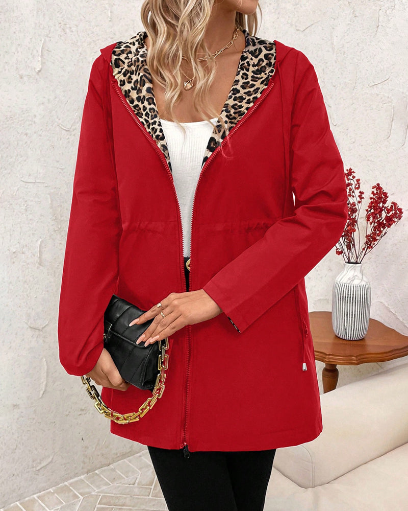 Leopard Print Coat with Drawstring and Zip Front