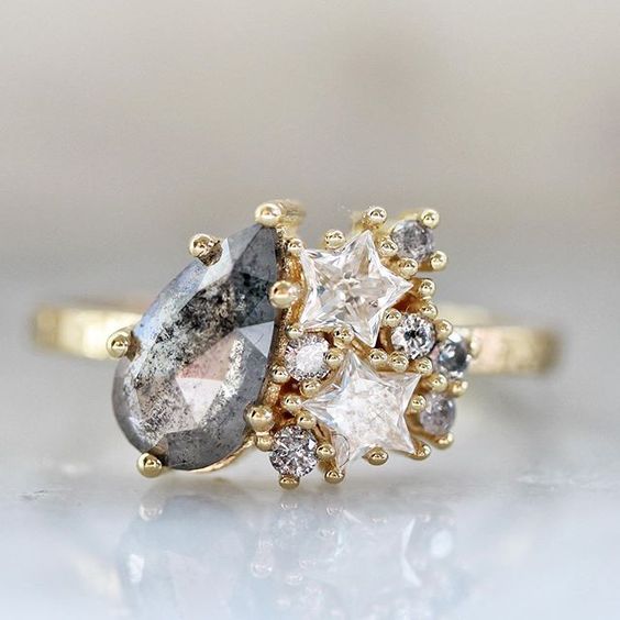 White and Blue Zirconia Ring with Vintage Style in Gold Colour