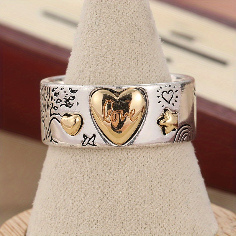 Vintage-Style Two-Tone Love Message Band Ring with Engraved Words