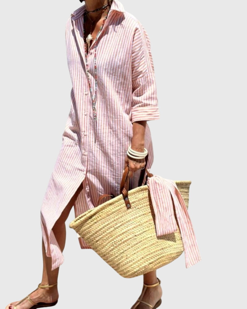 Striped Dress with Flowing Cut and Pockets