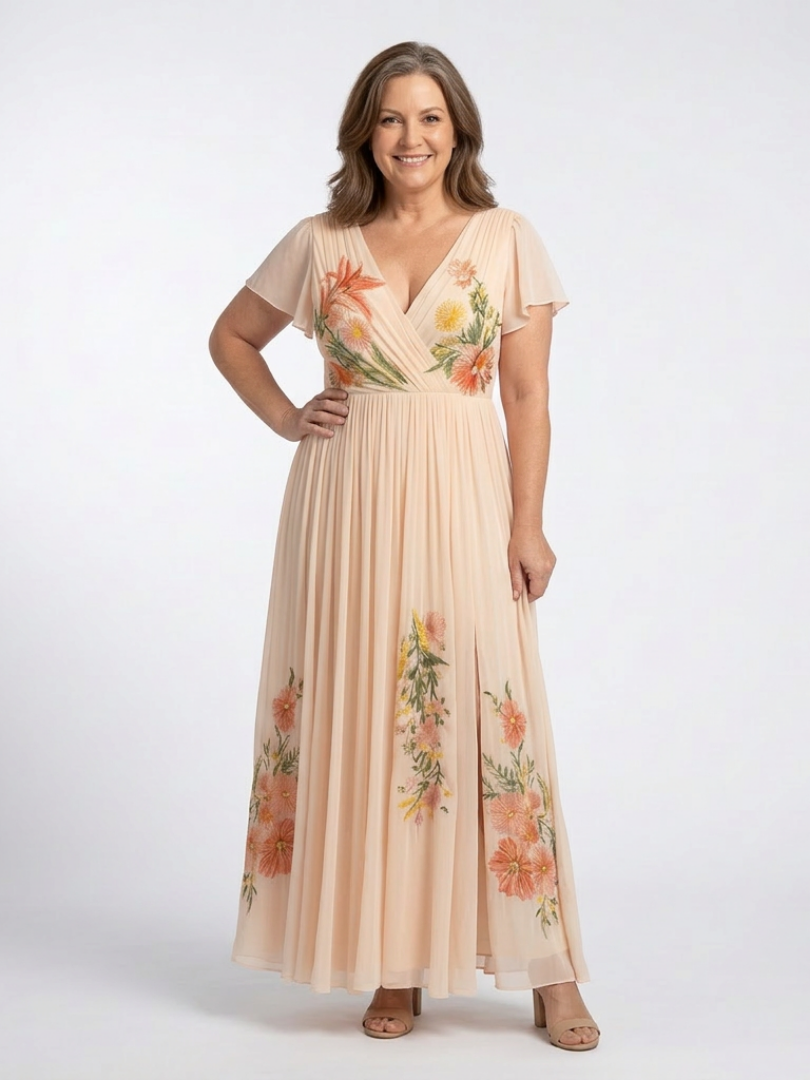 Vestido largo plisado con estampado floral y cuello de pico