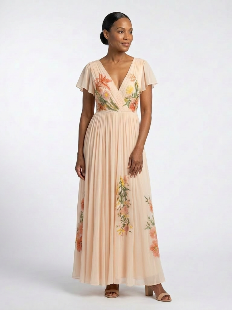 Vestido largo plisado con estampado floral y cuello de pico