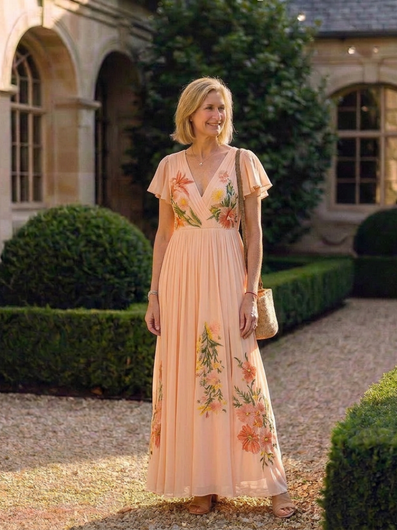 Vestido largo plisado con estampado floral y cuello de pico