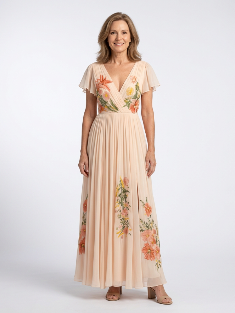 Vestido largo plisado con estampado floral y cuello de pico
