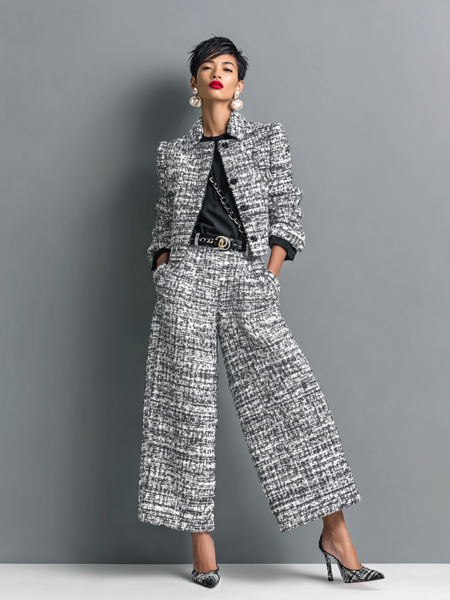 Checked Two Piece Set with Wide-Leg Trousers