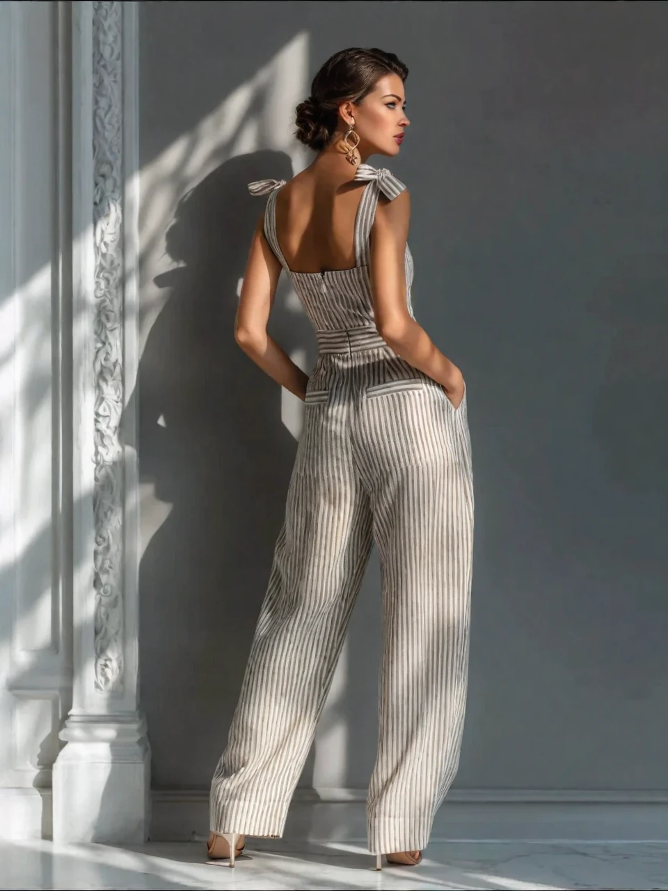 Striped Linen Blend Jumpsuit with Tie Shoulder and Wide Leg