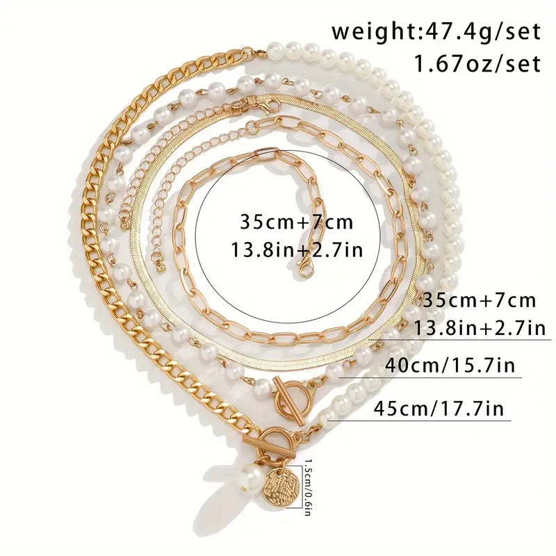 Vintage-Style Faux Pearl and Snake Chain Necklace Set in Gold Colour
