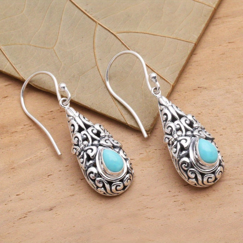 Teardrop Blue-Green Stone Drop Earrings in Silver Colour