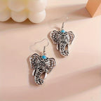 Blue-Green Stone Elephant Drop Earrings in Antique Silver Colour