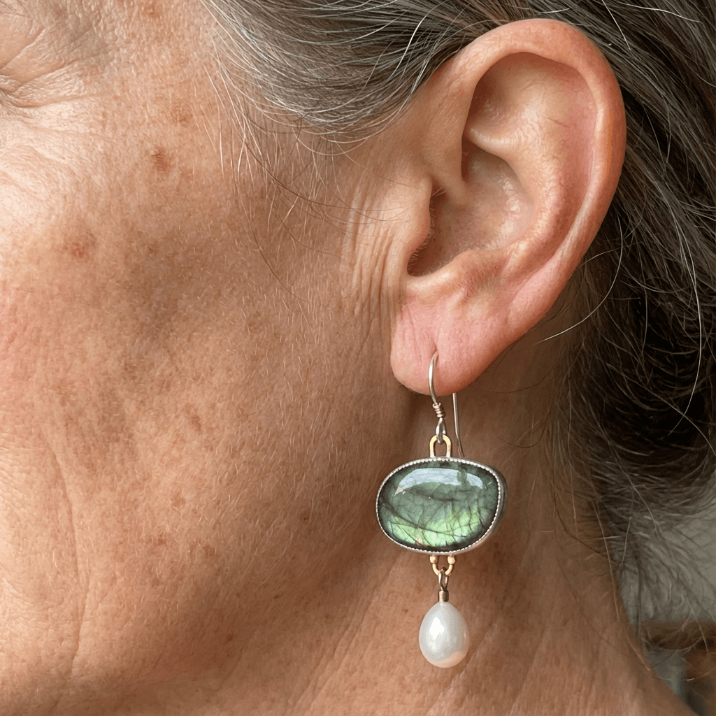 Vintage-Style Mismatched Iridescent Grey Stone and Faux Pearl Earrings