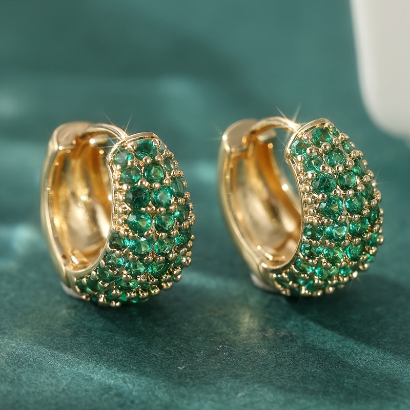 Vintage Green Zirconia Hoop Stud Earrings in Gold Colour