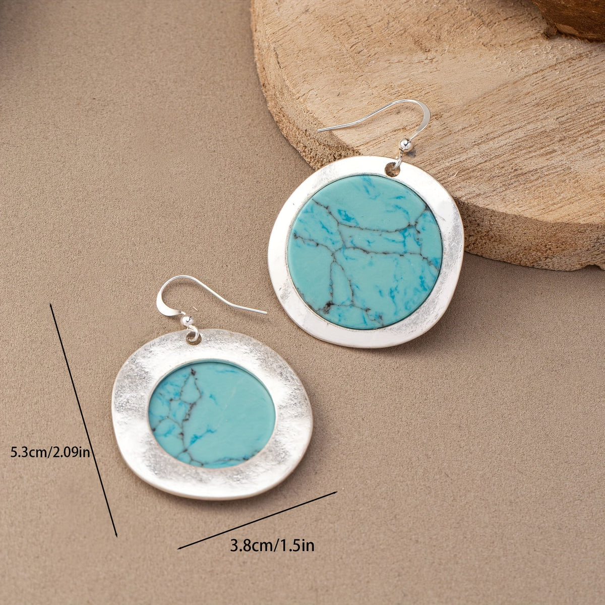 Vintage Bohemian Round Blue-Green Stone Earrings with Earthy Tone