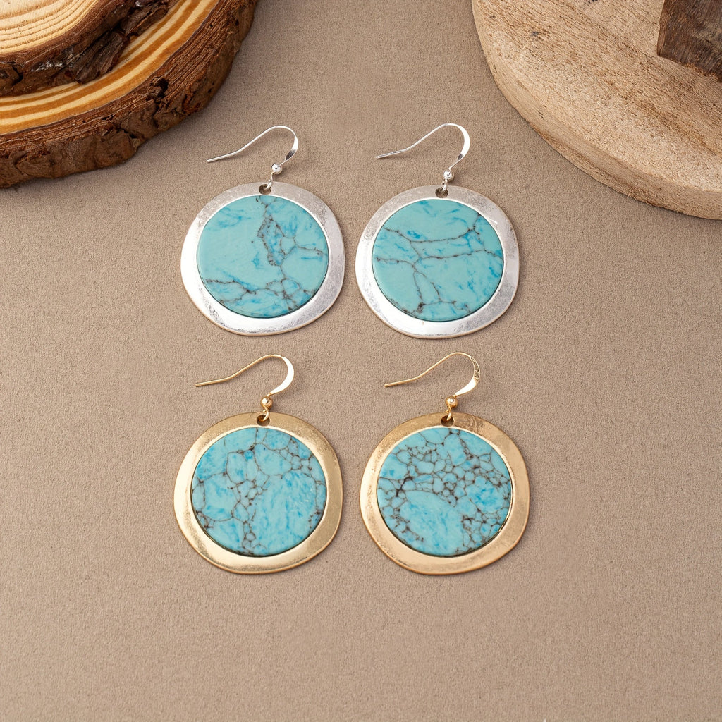 Vintage Bohemian Round Blue-Green Stone Earrings with Earthy Tone