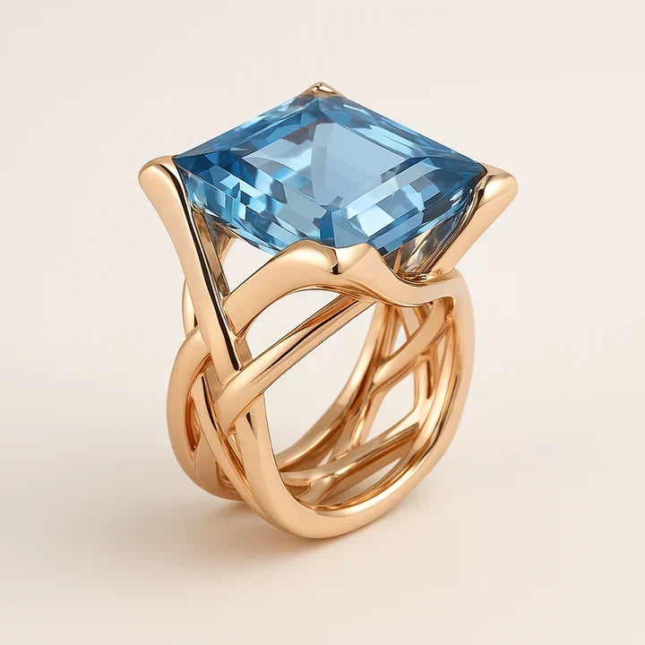 Crossover Ring with Square Blue Zirconia in Rose Gold Colour