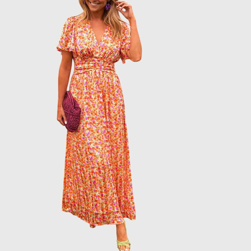 Floral V-Neck Summer Dress with Defined Waist