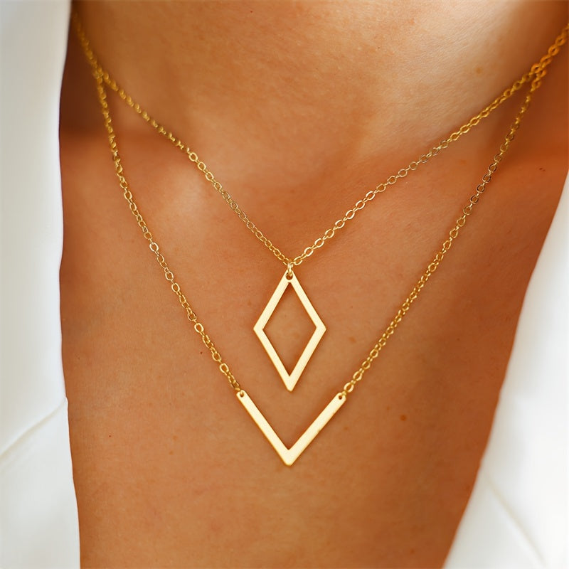 Retro Geometric V-Pendant Necklace in Gold Colour with Sharp Lines