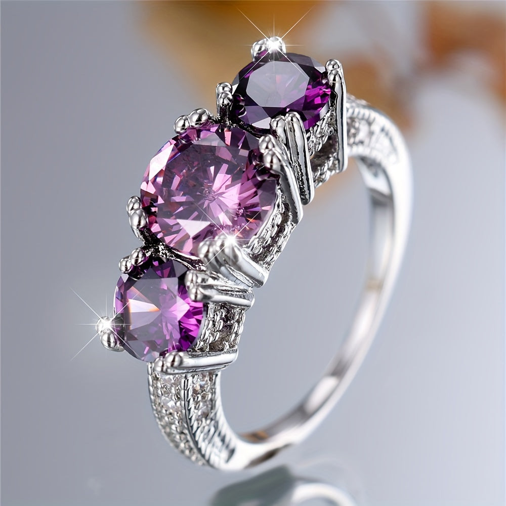 Vintage-Style Three-Stone Ring with Round Purple Zirconia