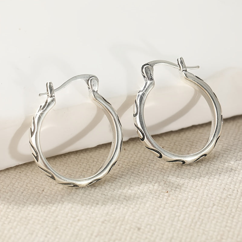 Vintage Textured Boho Hoop Earrings in Silver Colour