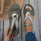 Flat Sandals with Metal Buckle and Cushioned Sole