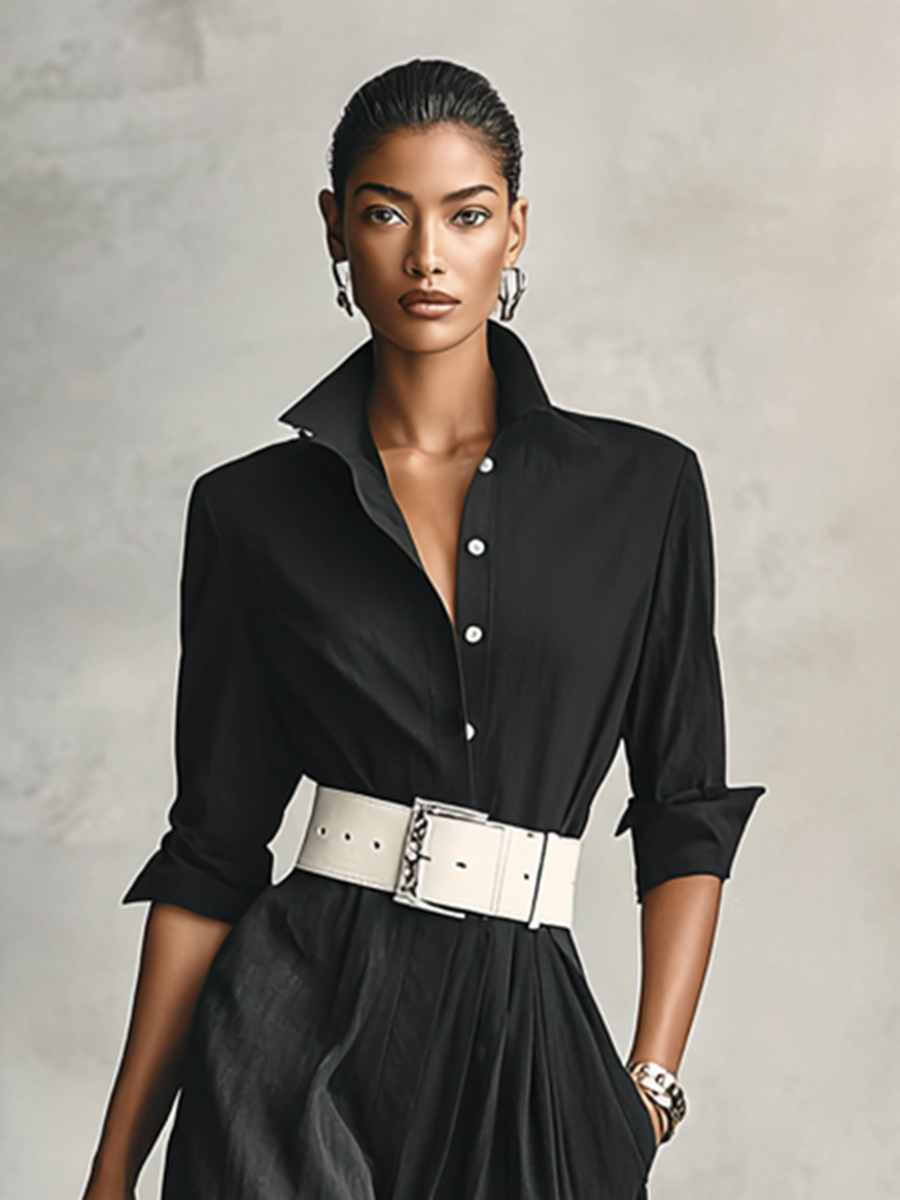 Belted Jumpsuit with Lapel Collar and Long Sleeves
