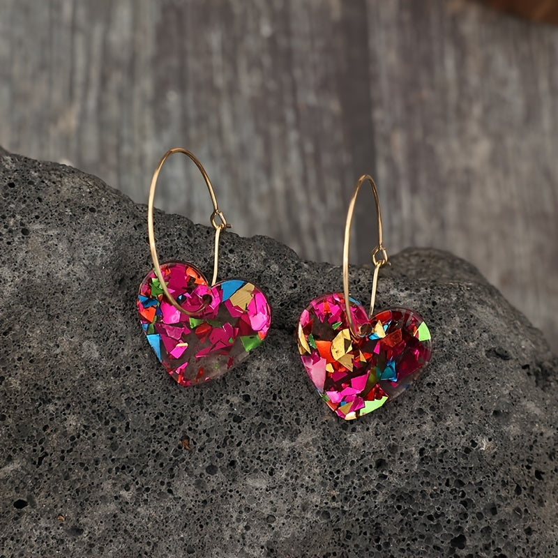 Vintage Resin Glitter Heart Pendant Earrings with Playful Sparkle