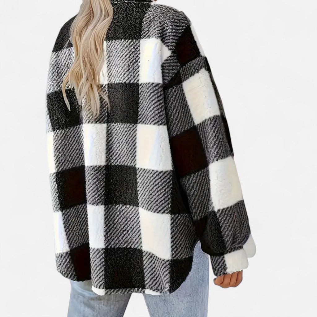 Checked Sherpa Jacket with Button Front and Oversized Fit