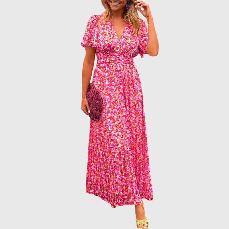 Floral V-Neck Summer Dress with Defined Waist