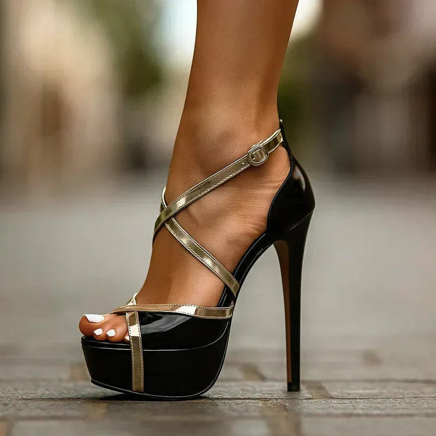 Platform Stiletto Heels with Cross Straps and Ankle Strap