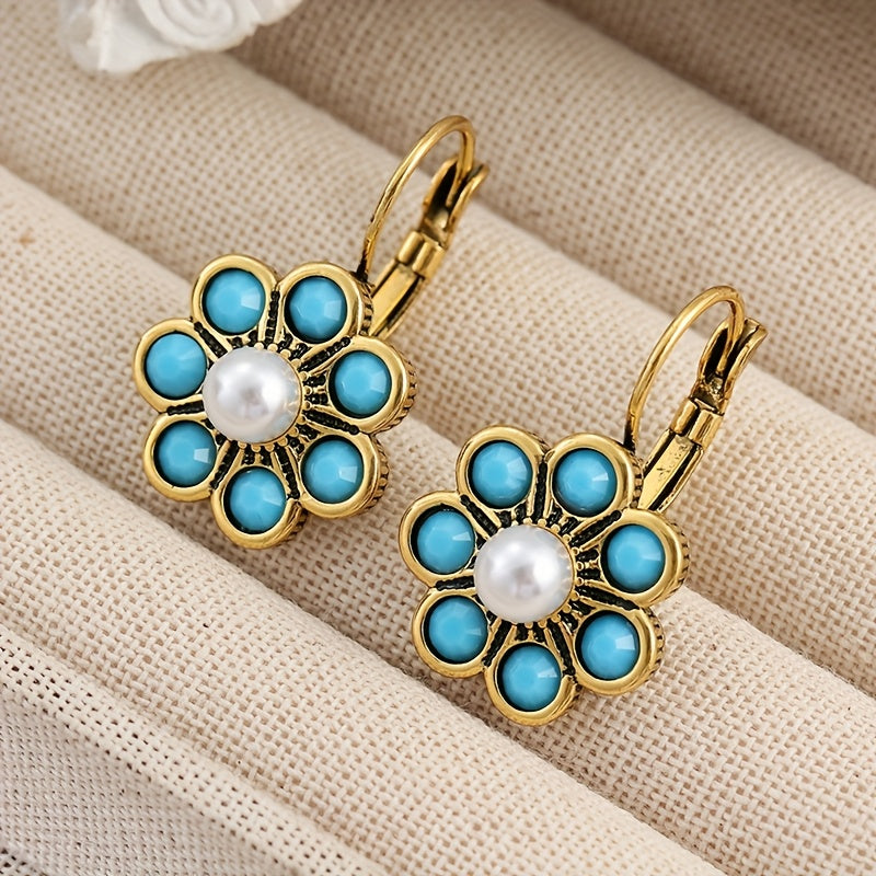 Blue-Green Stone and Faux Pearl Flower Earrings in Gold Colour