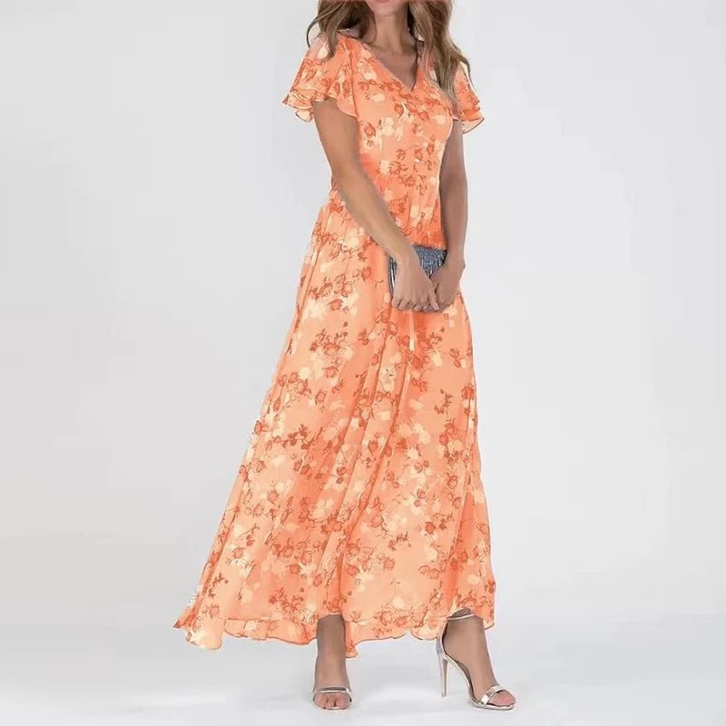 Vestido largo fluido con efecto cruzado, estampado sutil y cuello de pico