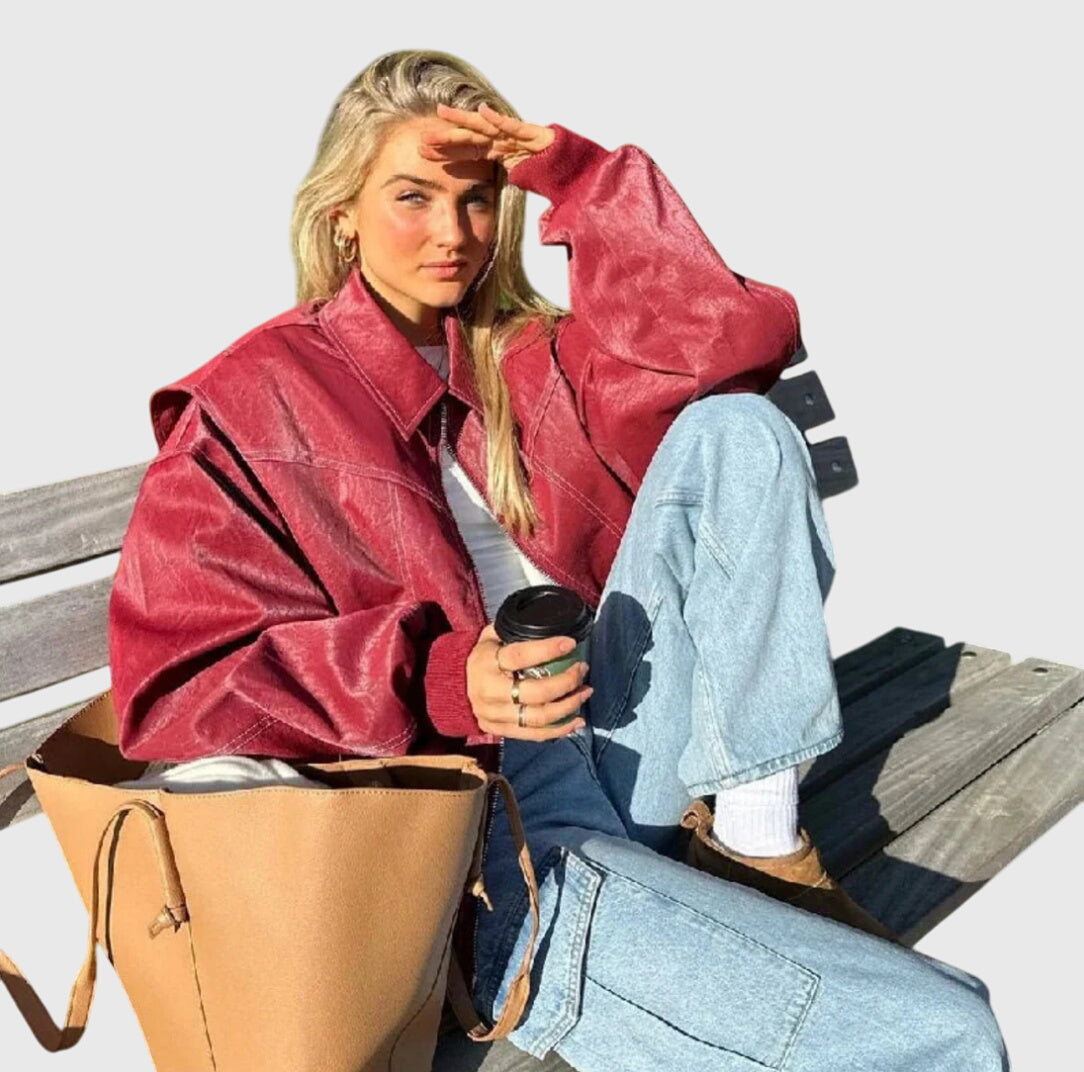 Oversized Leather Look Jacket in Bold Red