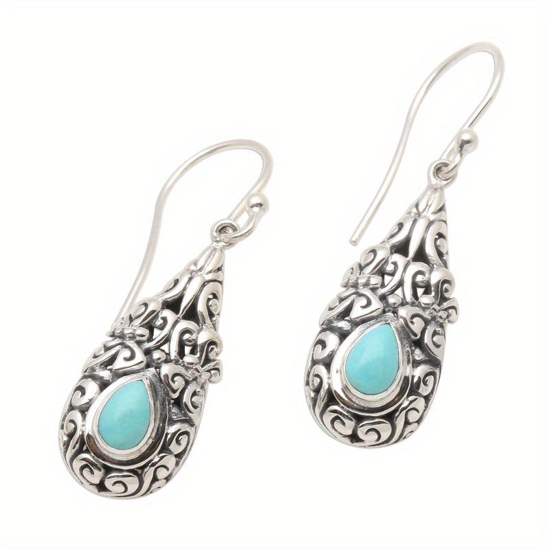 Teardrop Blue-Green Stone Drop Earrings in Silver Colour
